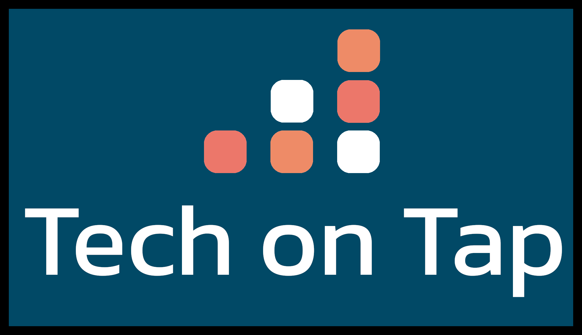 Tech on Tap Logo.  Steel Blue background with the writing Tech on Tap and a drawn logo of squares stacking up to denote progress