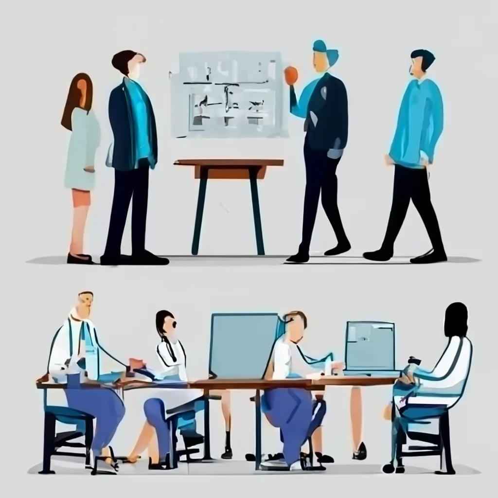 A drawing of people in an office collaborating around desks and whiteboards with a COO